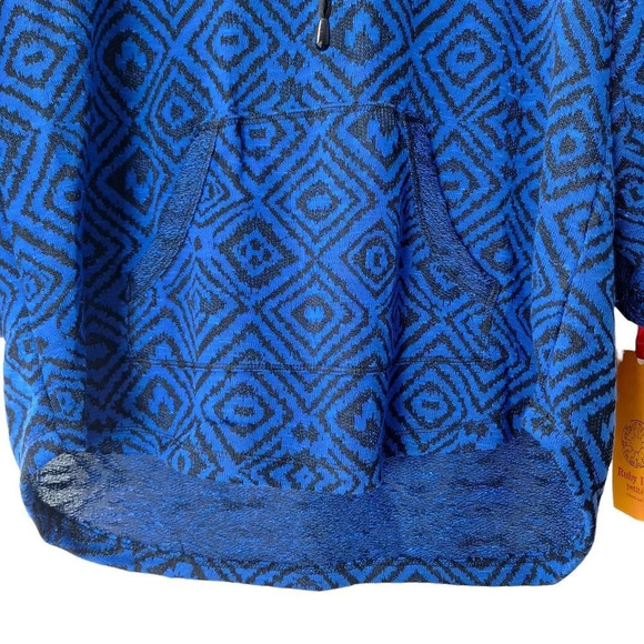 Ruby Rd Petite Med Blue Black Drawstring Cowl Neck Roll-Tab Sweater Top Pocket - Picture 5 of 9